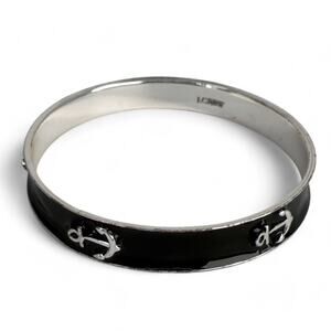 J Crew Anchor Bangle Bracelet Black Enamel Silver Tone Nautical Rockabilly